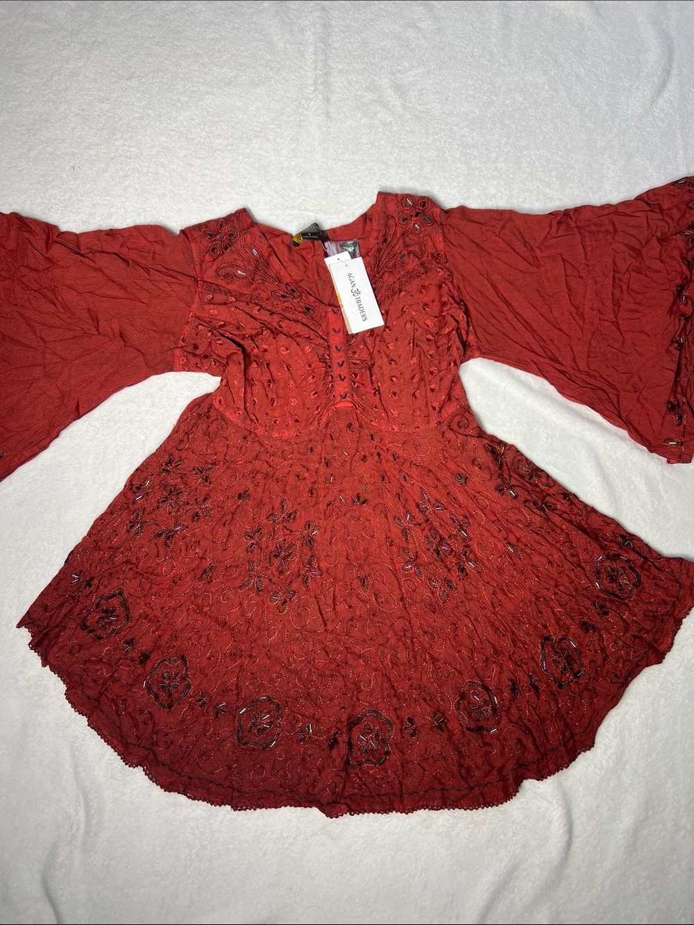 Agan Traders Women’s Embellished Bell Sleeve Tunic Top L Boho Renaissance